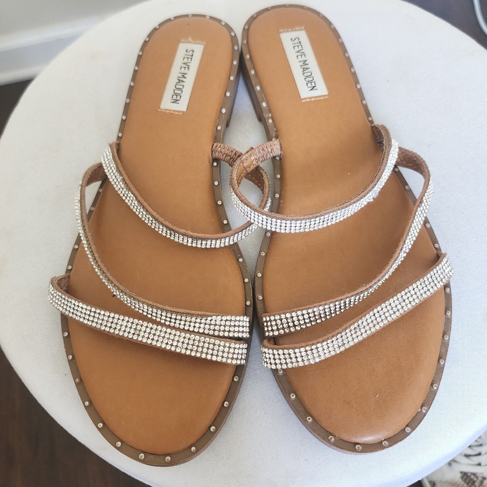 Steve Madden Loomi Rhinestone Multi Strap Slide Sandals Tan Women 9 LO01S1‎